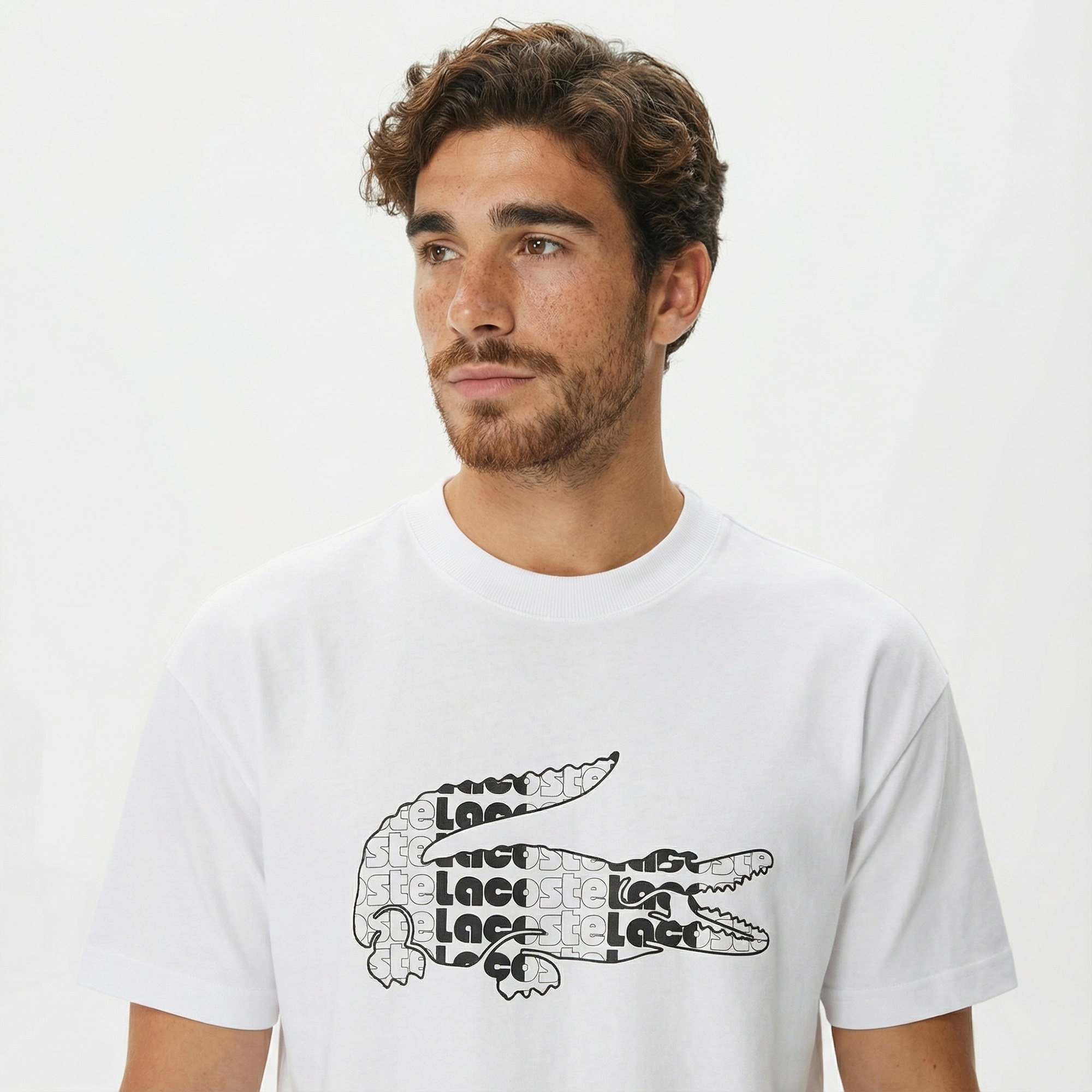 Lacoste Erkek Relaxed Fit Bisiklet Yaka Baskılı Beyaz T-Shirt