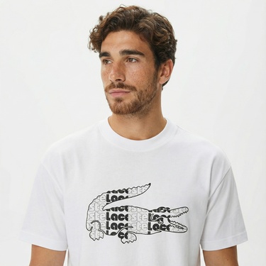 Lacoste Erkek Relaxed Fit Bisiklet Yaka Baskılı Beyaz T-Shirt