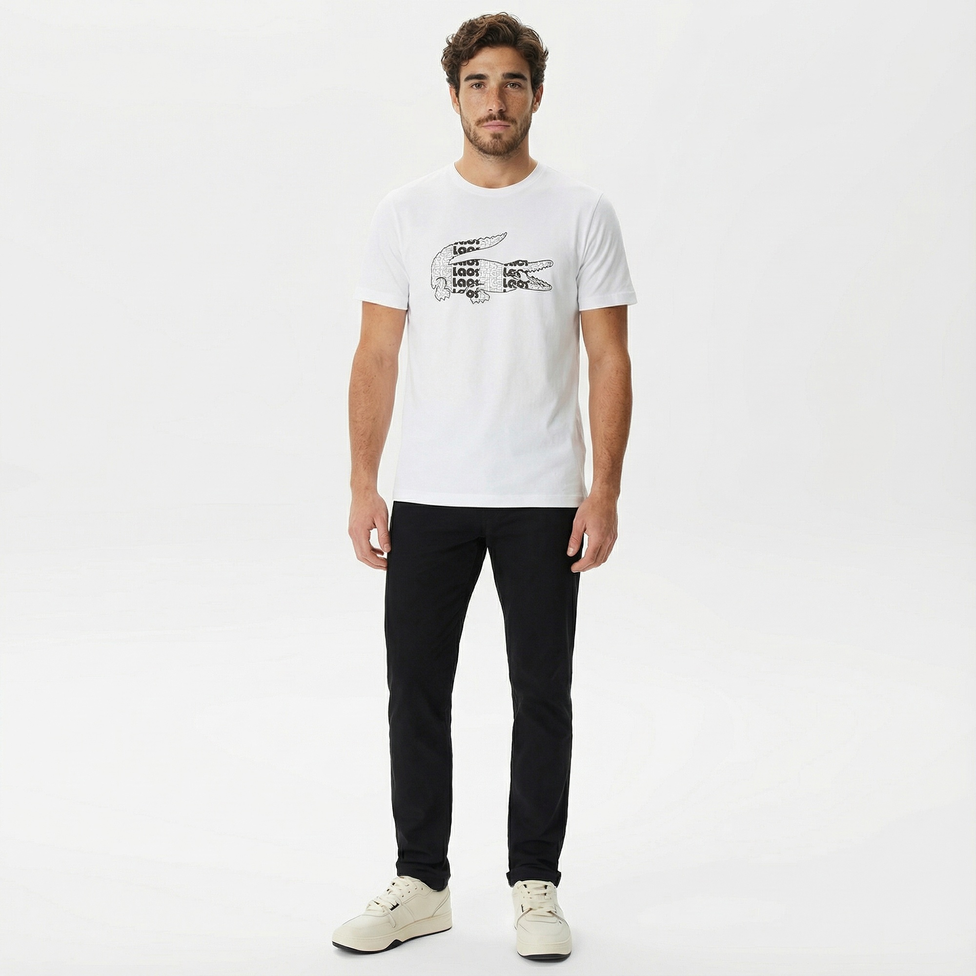 Lacoste Erkek Relaxed Fit Bisiklet Yaka Baskılı Beyaz T-Shirt