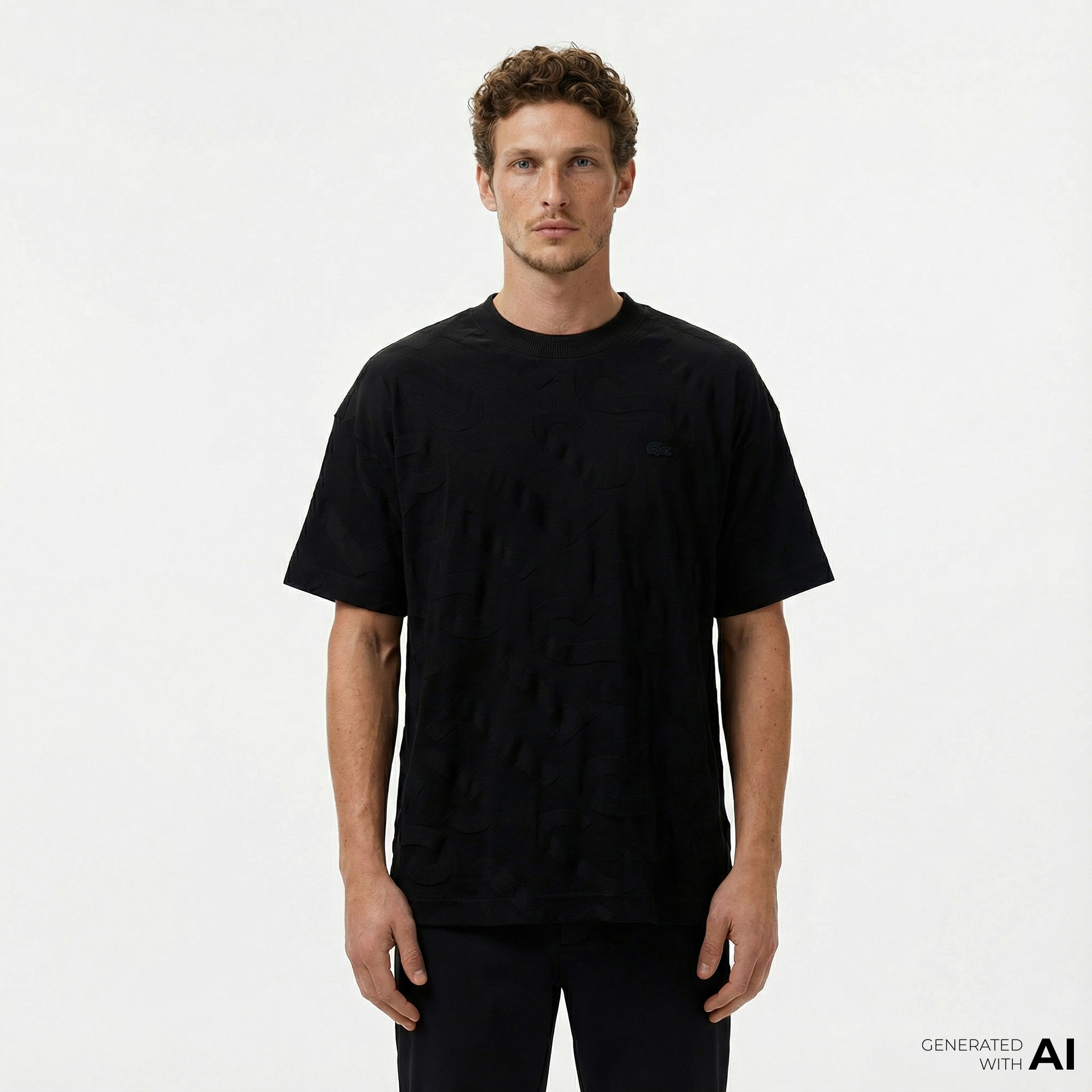 Lacoste Erkek Bisiklet Yaka Desenli Siyah T-Shirt