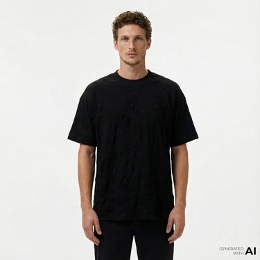  Lacoste Erkek Bisiklet Yaka Desenli Siyah T-Shirt