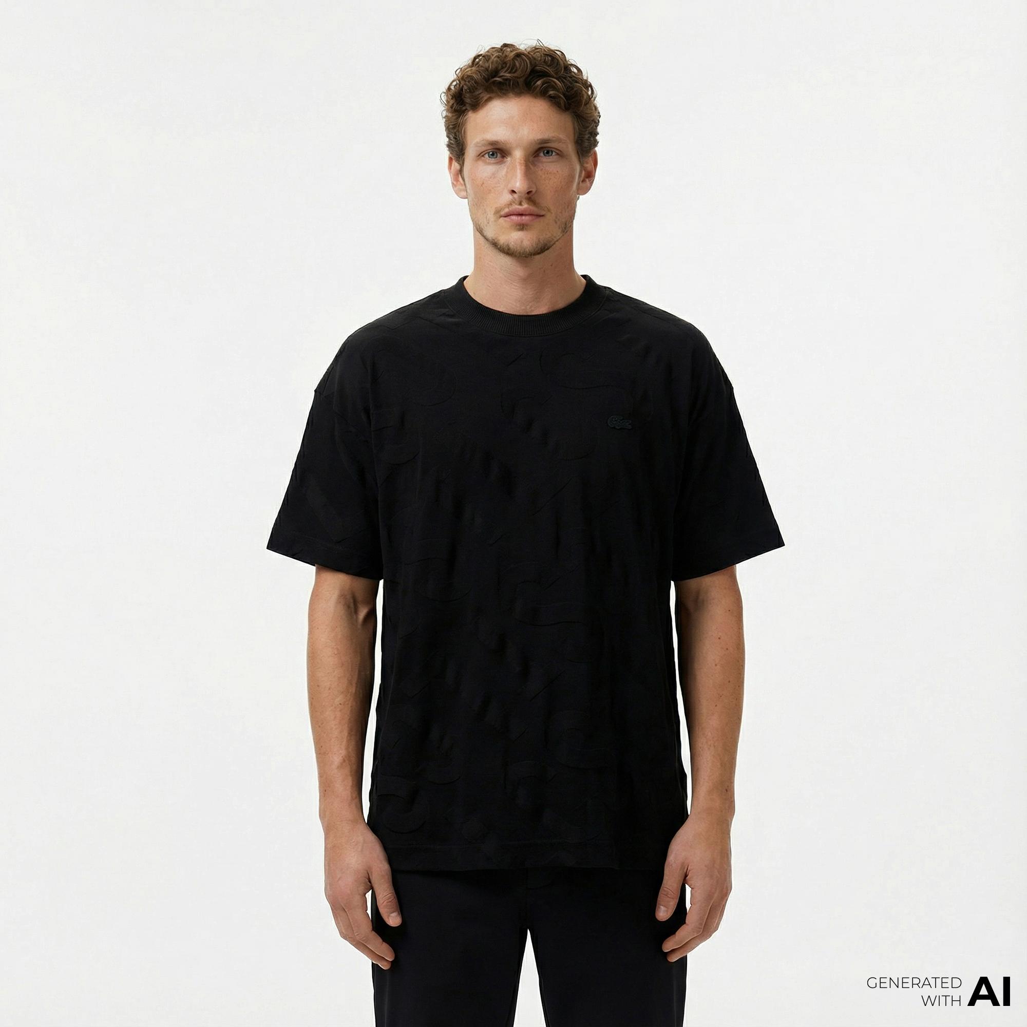  Lacoste Erkek Bisiklet Yaka Desenli Siyah T-Shirt