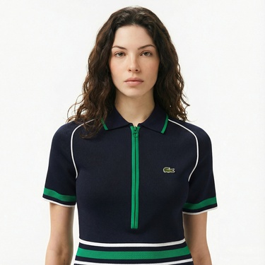  Lacoste Kadın Classic Fit Kısa Kollu Polo Yaka Renk Bloklu Lacivert Elbise