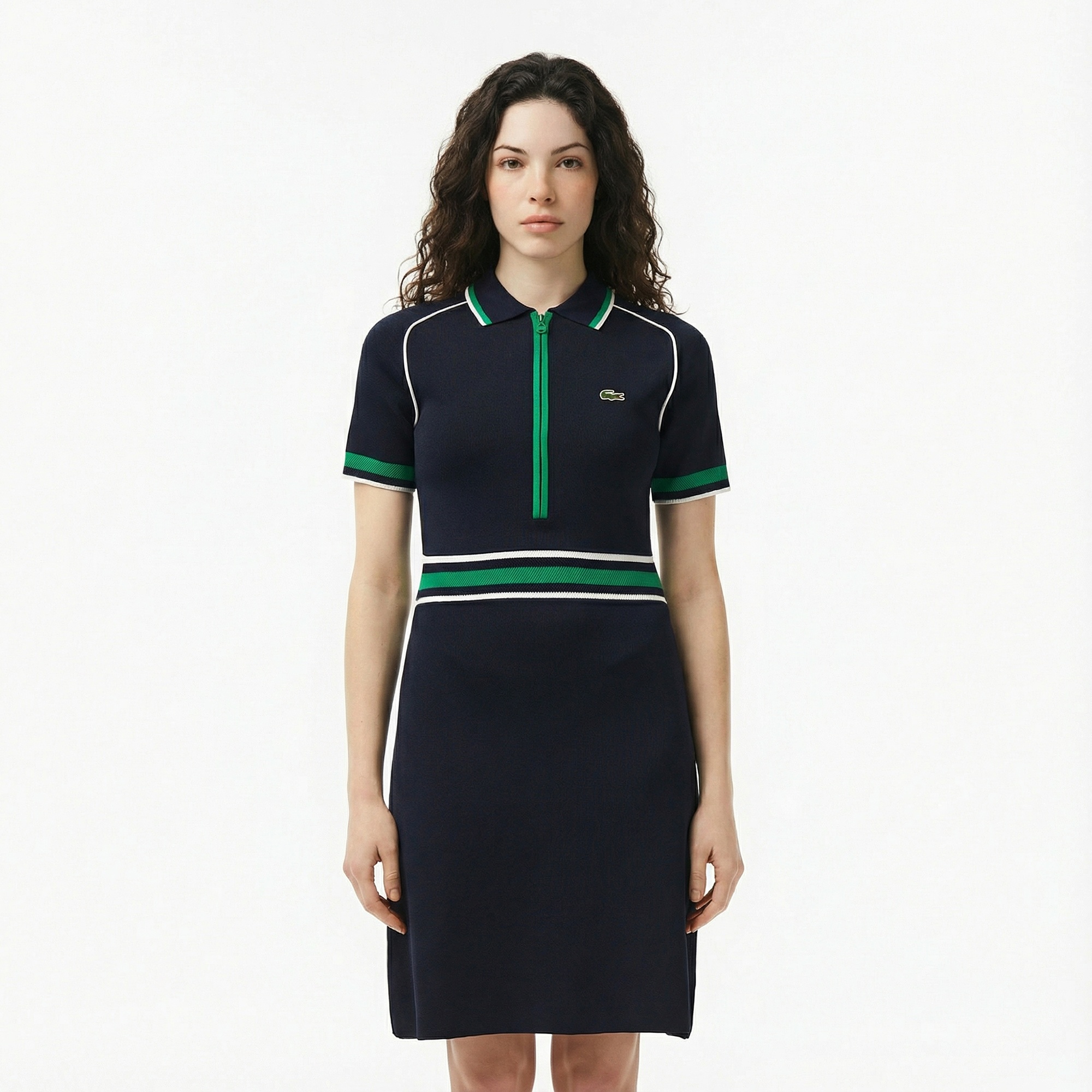 Lacoste Kadın Classic Fit Kısa Kollu Polo Yaka Renk Bloklu Lacivert Elbise