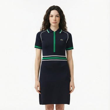  Lacoste Kadın Classic Fit Kısa Kollu Polo Yaka Renk Bloklu Lacivert Elbise