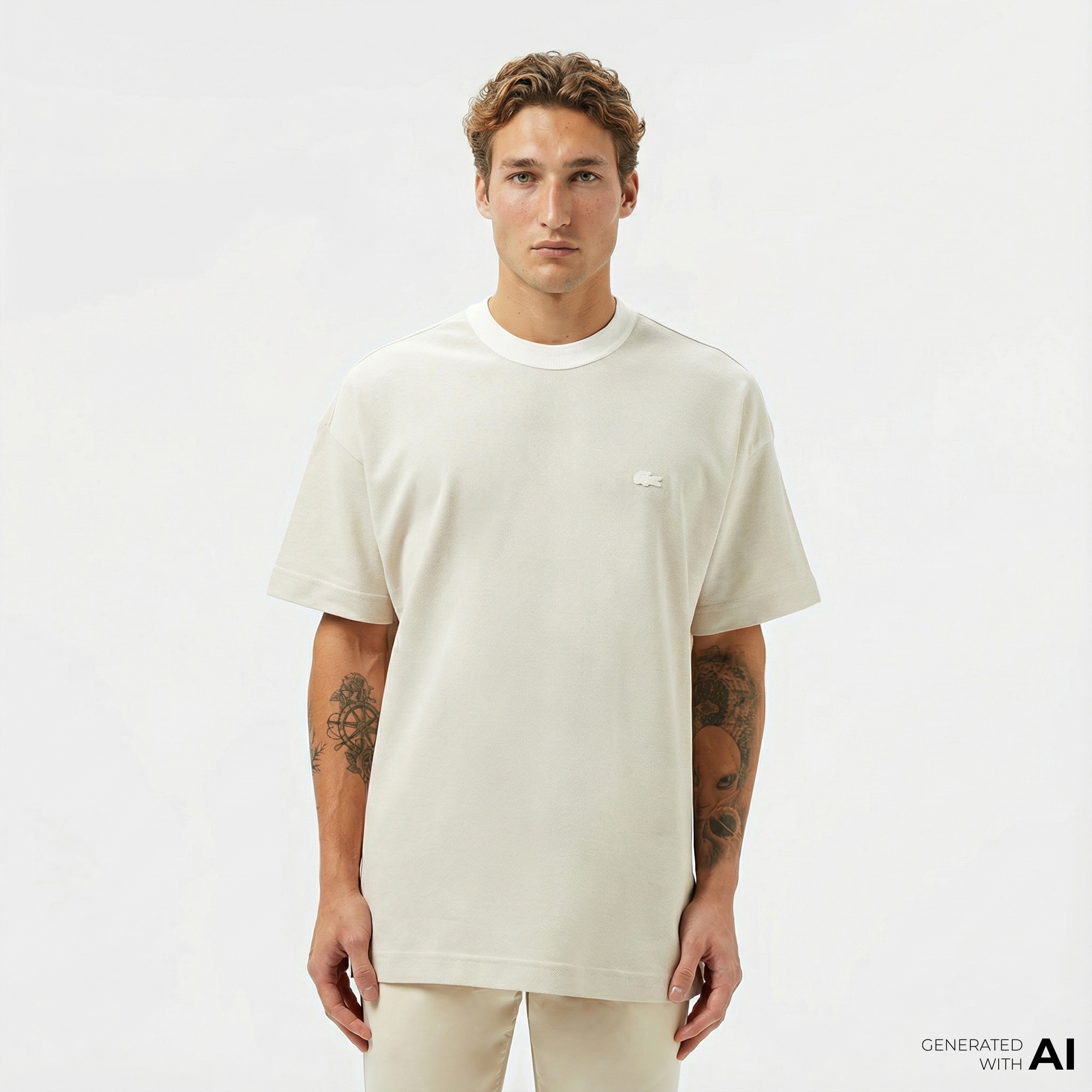 Lacoste Erkek Oversize Fit Bisiklet Yaka Krem T-Shirt