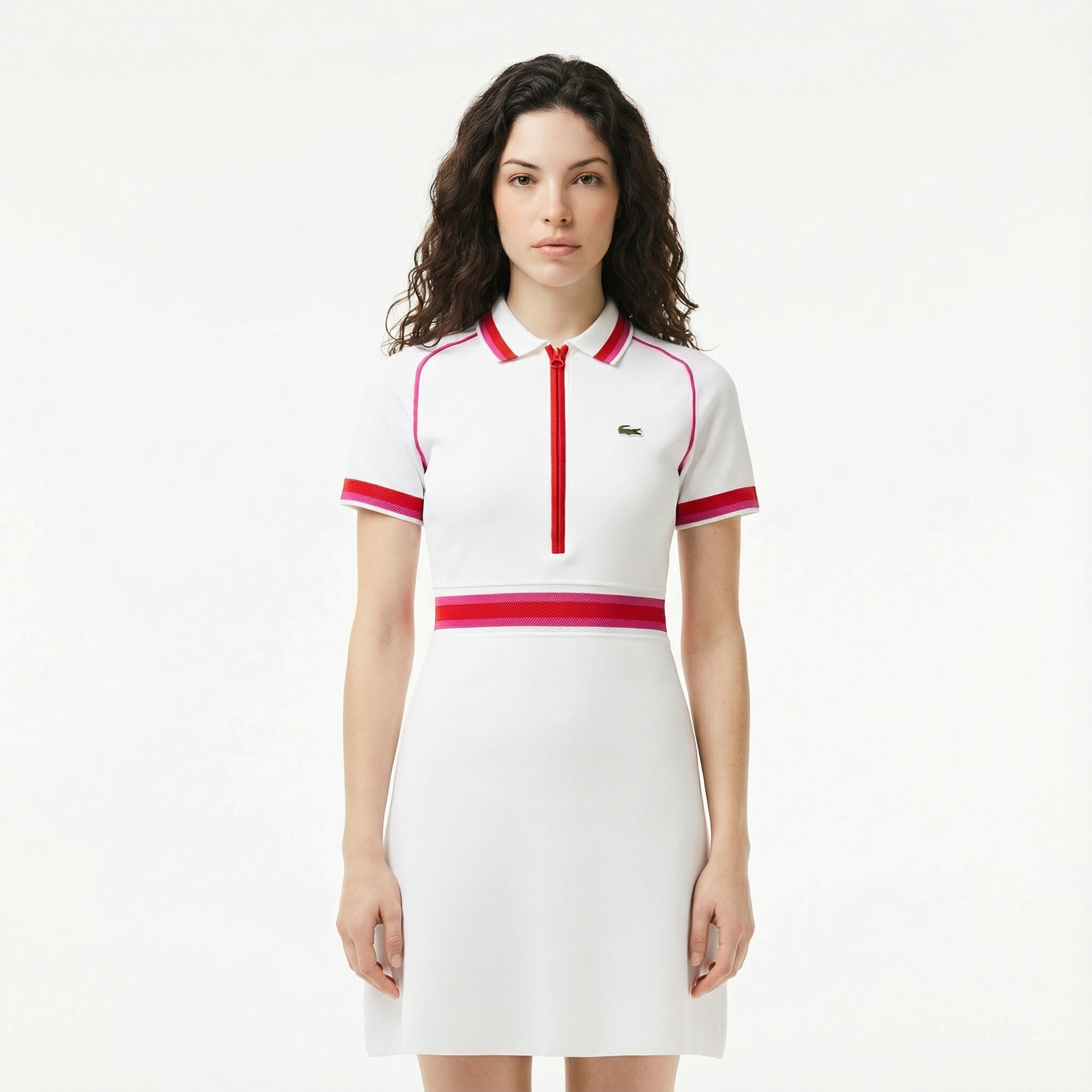 Lacoste Kadın Classic Fit Kısa Kollu Polo Yaka Renk Bloklu Beyaz Elbise