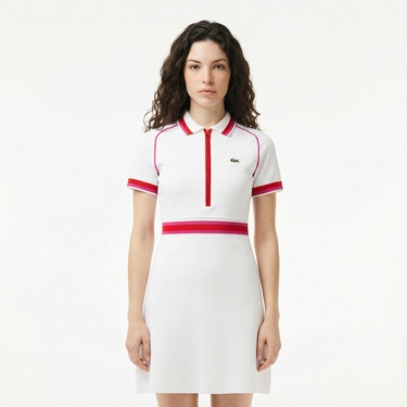  Lacoste Kadın Classic Fit Kısa Kollu Polo Yaka Renk Bloklu Beyaz Elbise