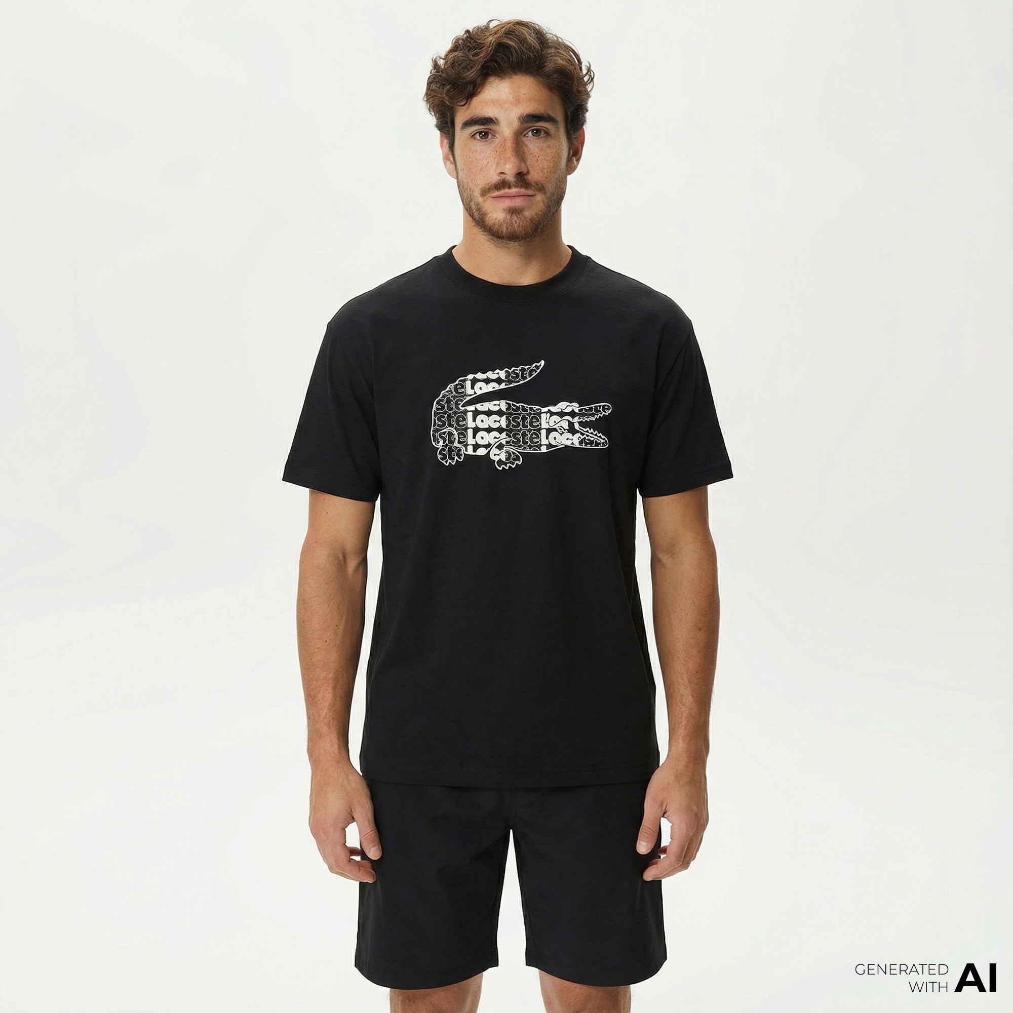 Lacoste Erkek Relaxed Fit Bisiklet Yaka Baskılı Siyah T-Shirt