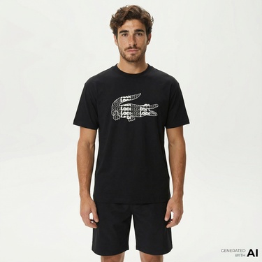  Lacoste Erkek Relaxed Fit Bisiklet Yaka Baskılı Siyah T-Shirt