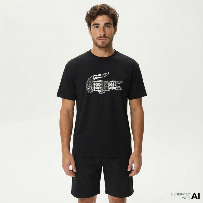  Lacoste Erkek Relaxed Fit Bisiklet Yaka Baskılı Siyah T-Shirt