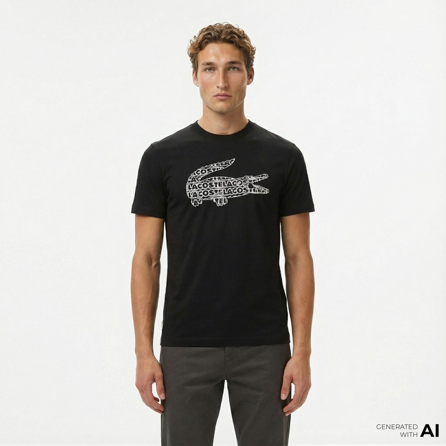  Lacoste Erkek Regular Fit Bisiklet Yaka Baskılı Siyah T-Shirt