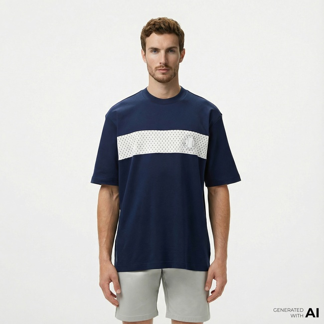  Lacoste Erkek Bisiklet Yaka Baskılı Lacivert T-Shirt