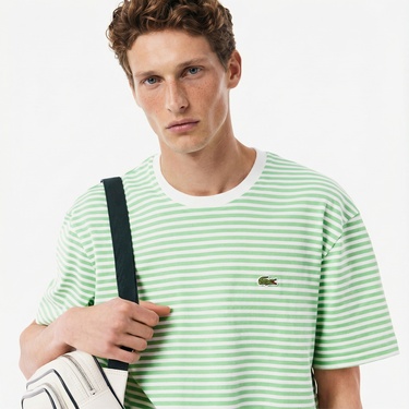  Lacoste Erkek Classic Fit Bisiklet Yaka Çizgili Açık Yeşil T-Shirt