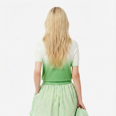  Lacoste Kadın Classic Fit Kısa Kollu Bisiklet Yaka Renk Bloklu Yeşil Triko