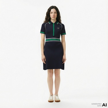  Lacoste Kadın Classic Fit Kısa Kollu Polo Yaka Renk Bloklu Lacivert Elbise