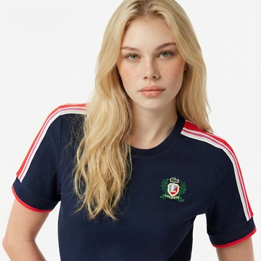  Lacoste Kadın Slim Fit Bisiklet Yaka Renk Bloklu Lacivert T-Shirt
