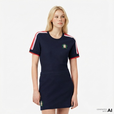  Lacoste Kadın Slim Fit Bisiklet Yaka Renk Bloklu Lacivert T-Shirt