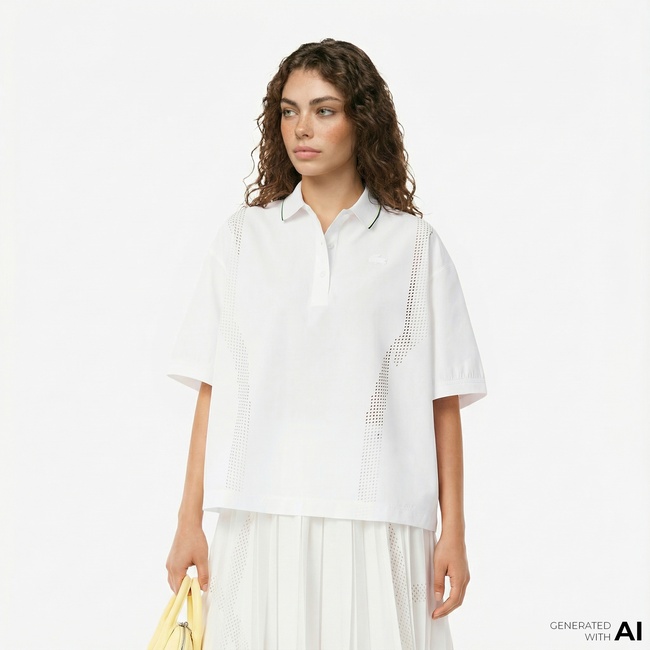  Lacoste Kadın Oversize Fit Kısa Kollu Beyaz Polo