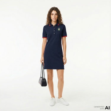  Lacoste Kadın Slim Fit Kısa Kollu Polo Yaka Renk Bloklu Lacivert Elbise
