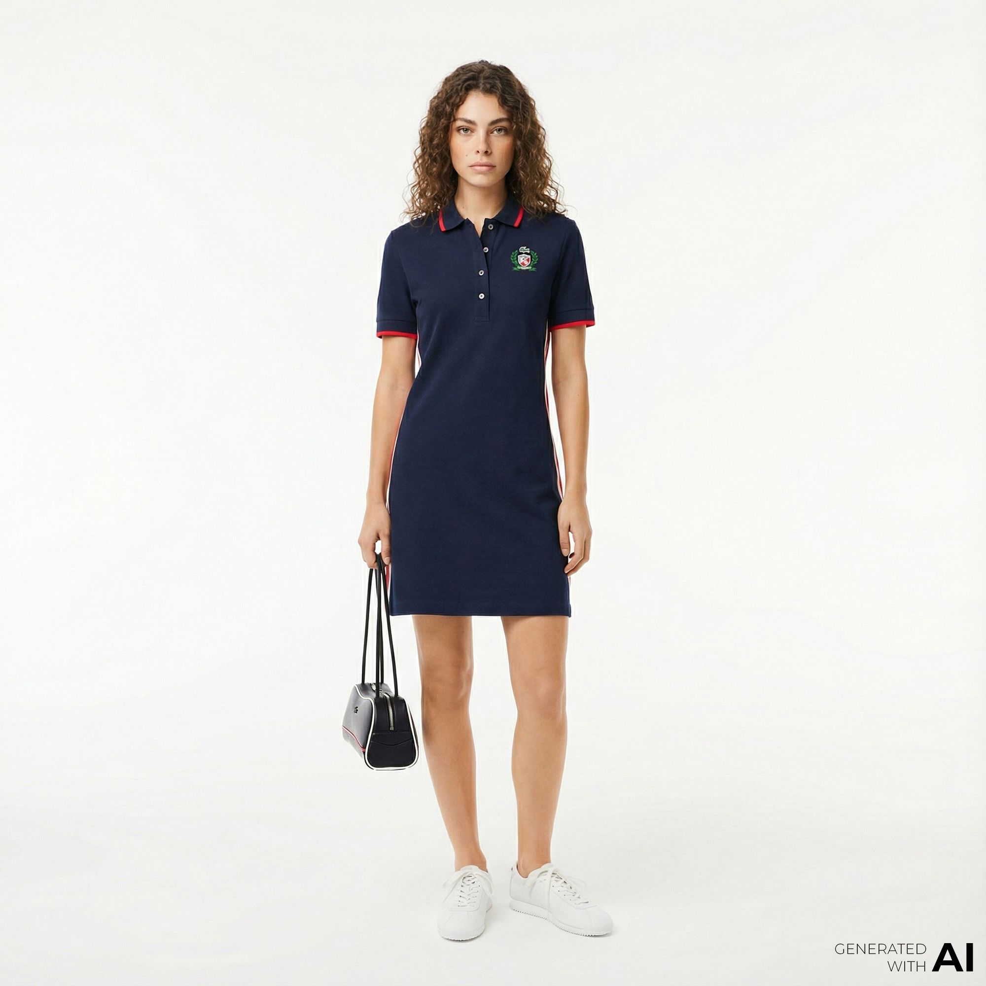  Lacoste Kadın Slim Fit Kısa Kollu Polo Yaka Renk Bloklu Lacivert Elbise