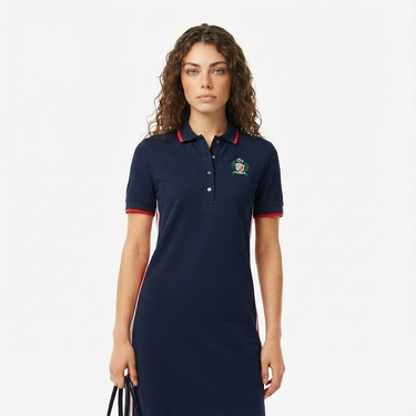  Lacoste Kadın Slim Fit Kısa Kollu Polo Yaka Renk Bloklu Lacivert Elbise