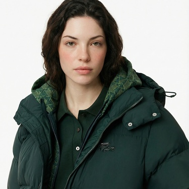  Lacoste Kadın Relaxed Fit Kapüşonlu Koyu Yeşil Şişme Mont