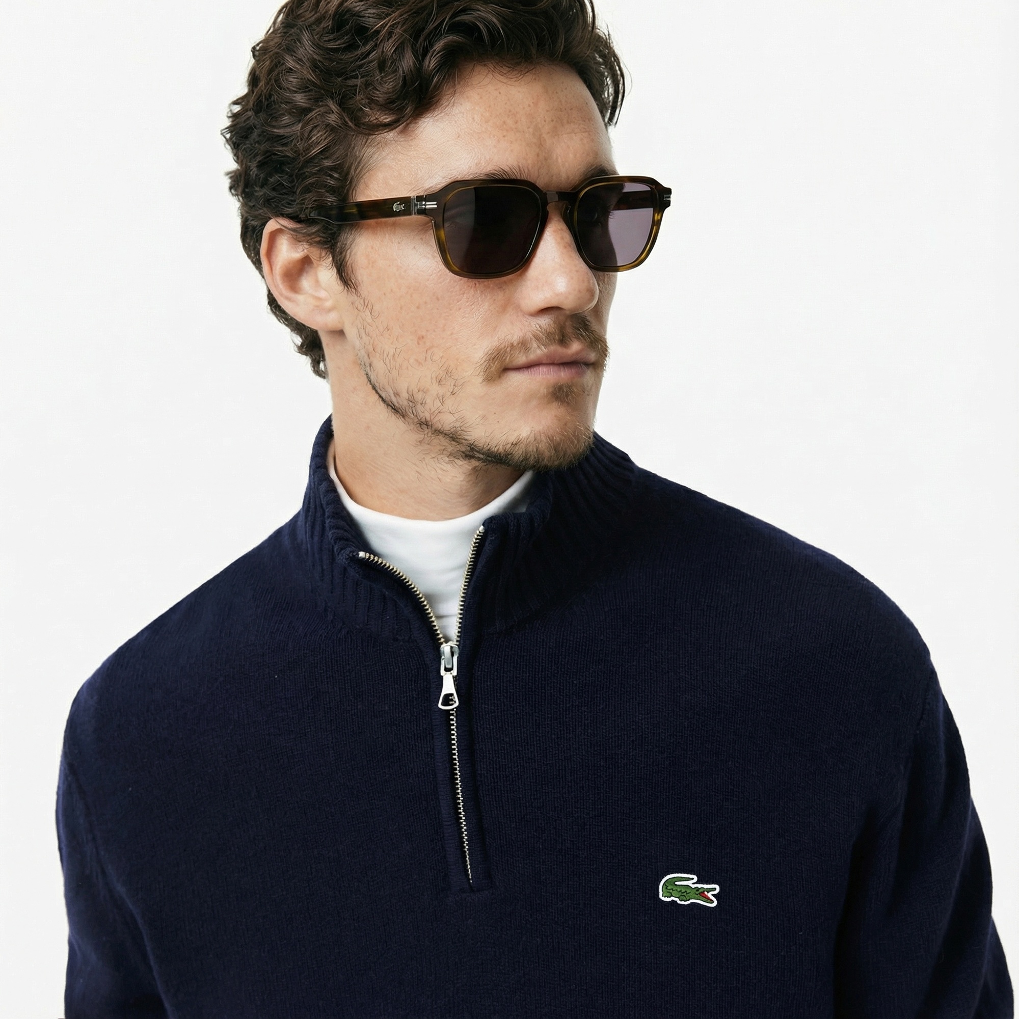 Lacoste Erkek Classic Fit Yarım Fermuarlı Yün Lacivert Kazak