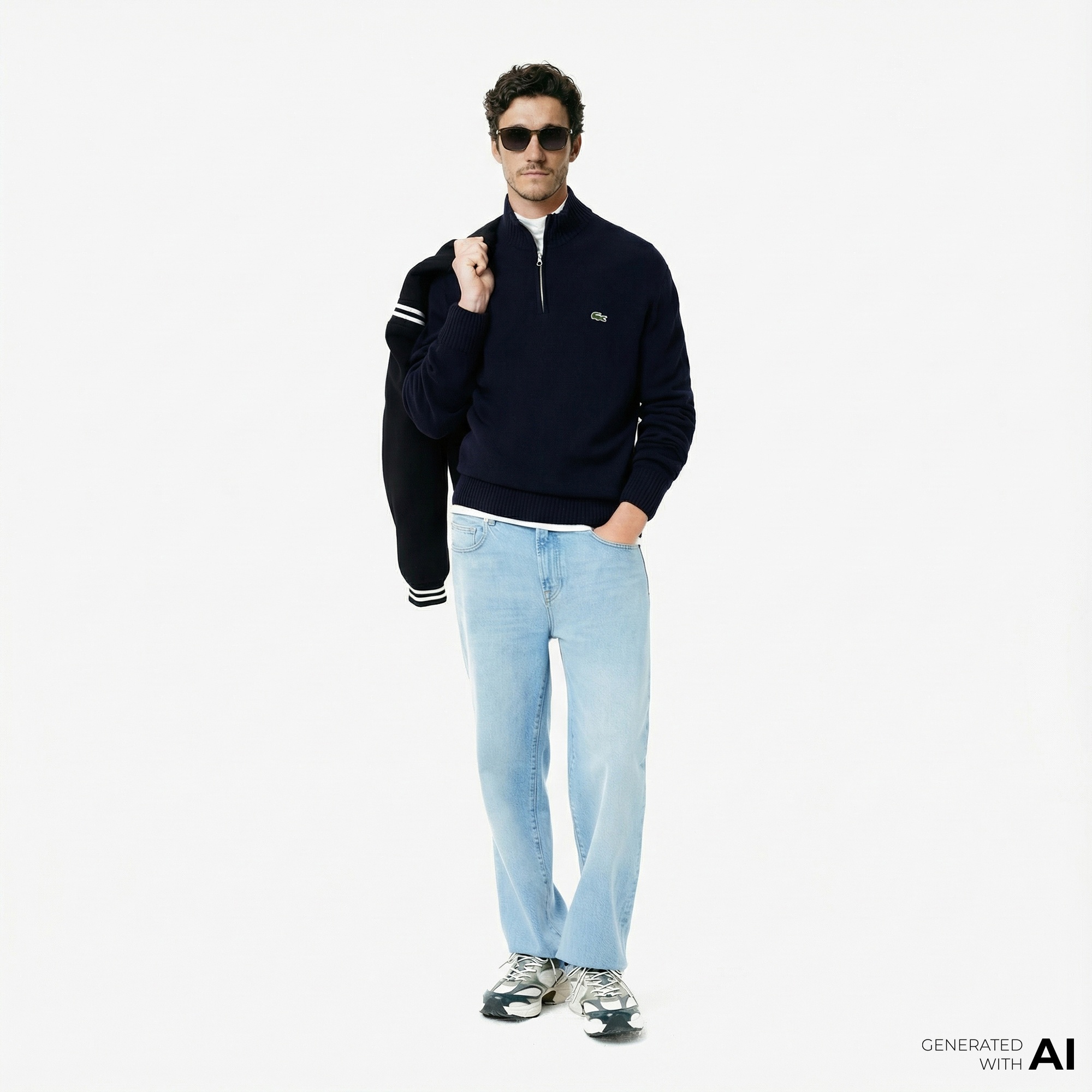 Lacoste Erkek Classic Fit Yarım Fermuarlı Yün Lacivert Kazak