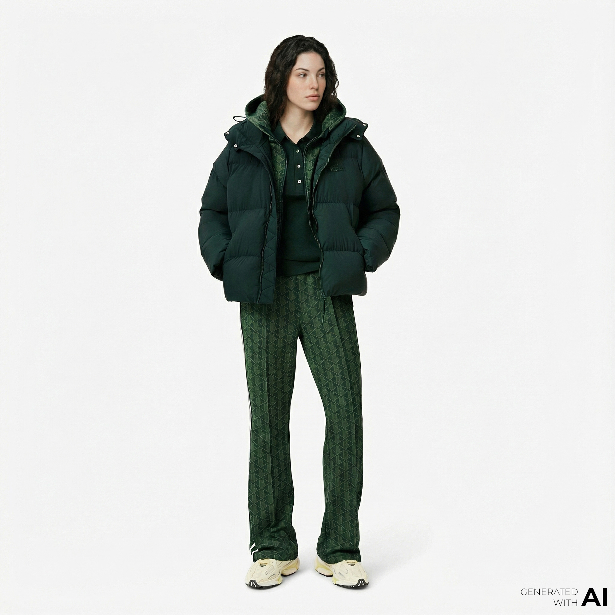  Lacoste Kadın Relaxed Fit Kapüşonlu Koyu Yeşil Şişme Mont