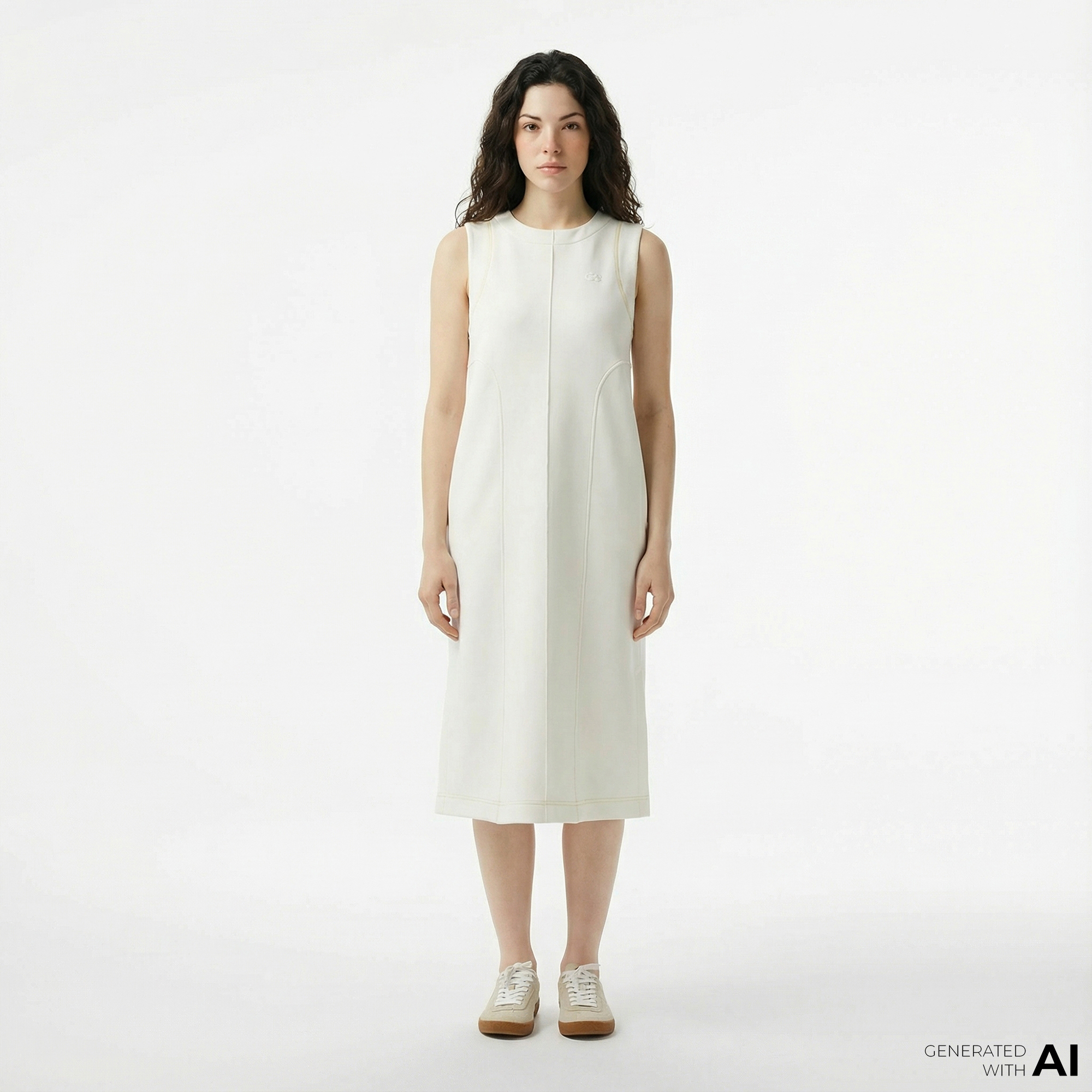  Lacoste Kadın Relaxed Fit Kolsuz Bisiklet Yaka Beyaz Elbise