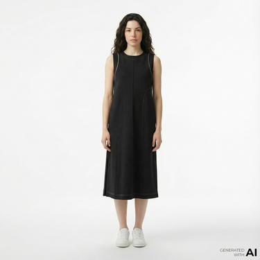  Lacoste Kadın Relaxed Fit Kolsuz Bisiklet Yaka Siyah Elbise