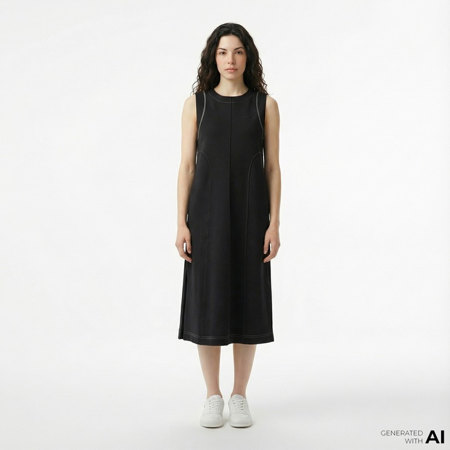  Lacoste Kadın Relaxed Fit Kolsuz Bisiklet Yaka Siyah Elbise