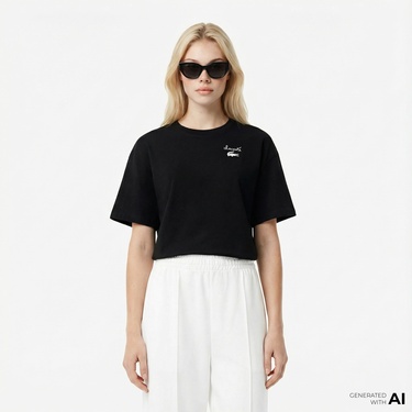  Lacoste Kadın Bisiklet Yaka Siyah T-Shirt