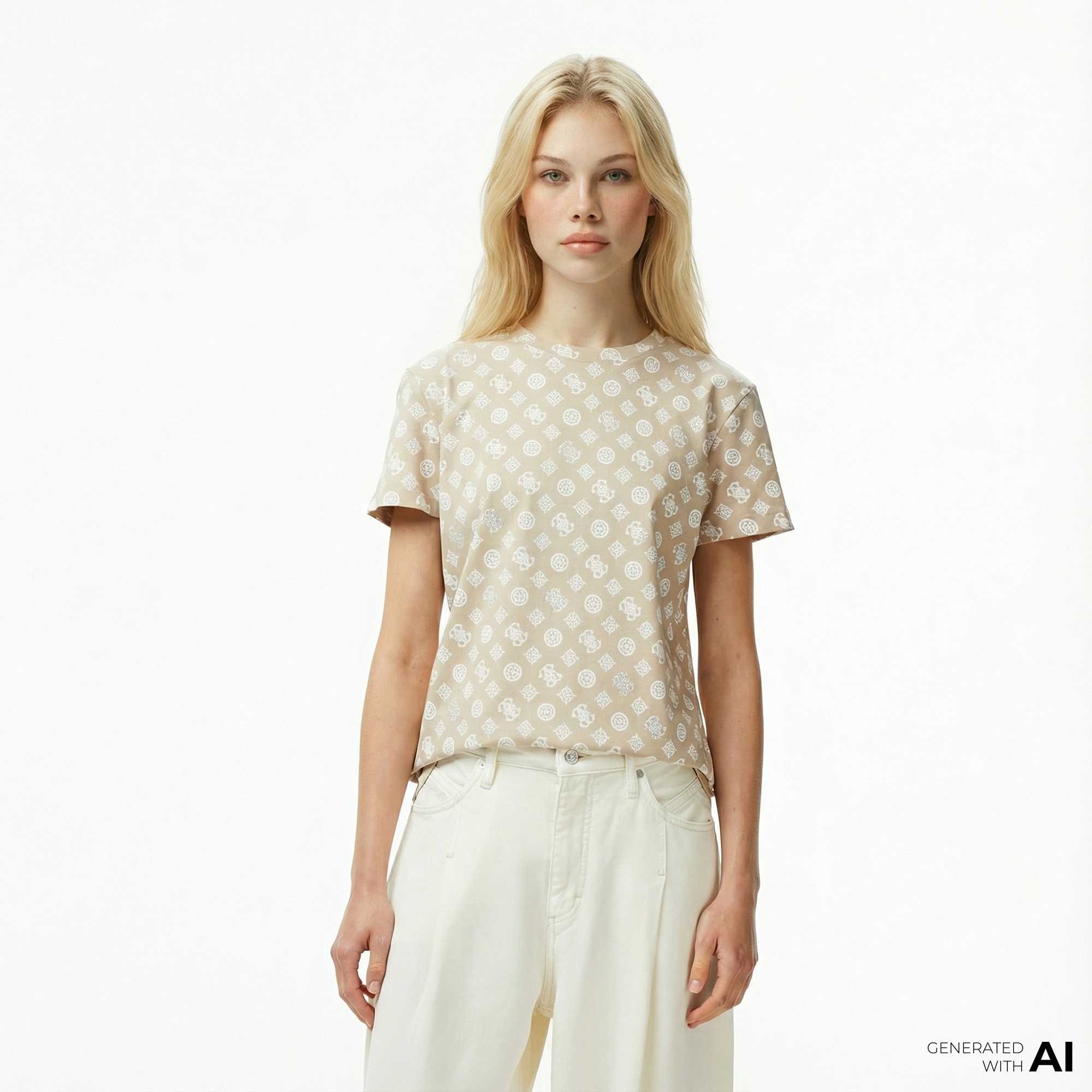 Guess Gloria Regular Fit Kadın Krem T-Shirt