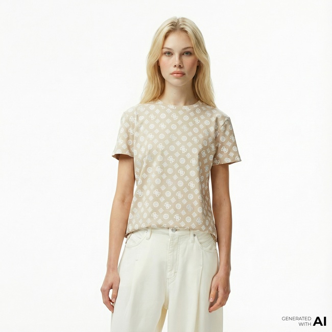  Guess Gloria Regular Fit Kadın Krem T-Shirt