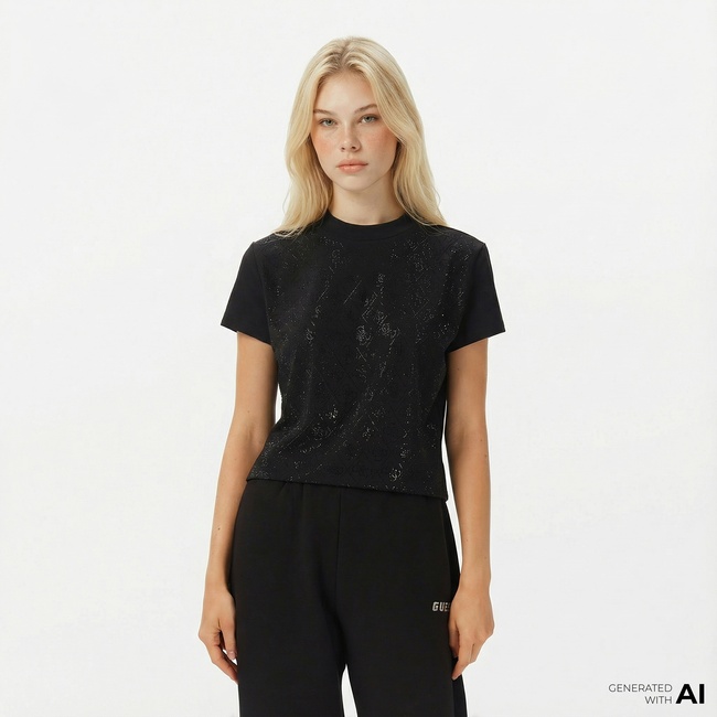  Guess Mock Slim Fit Kadın Siyah T-Shirt