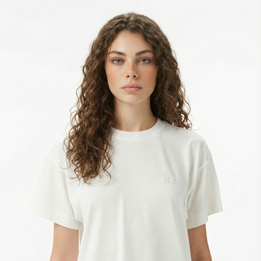  Lacoste Kadın Loose Fit Bisiklet Yaka Beyaz T-Shirt