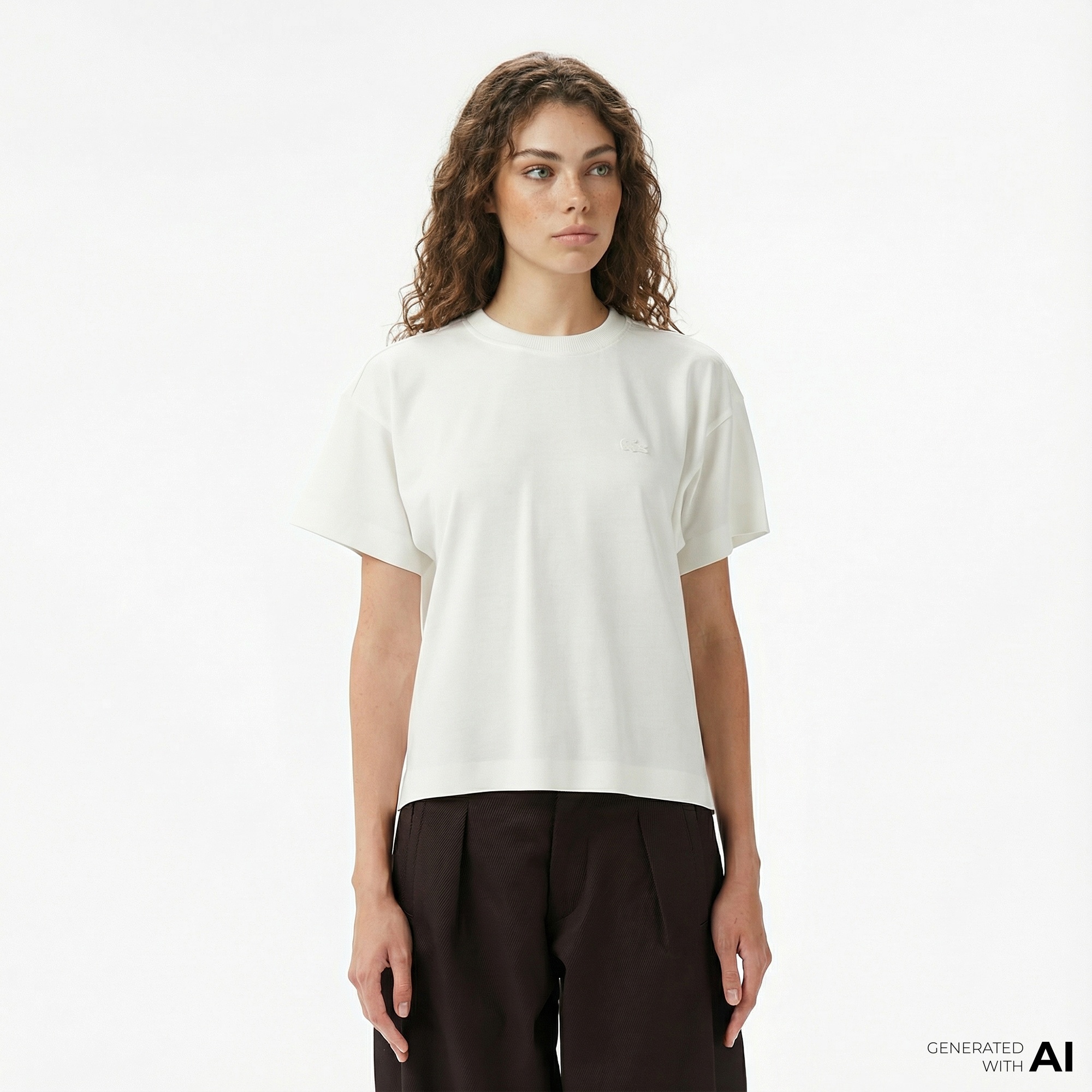 Lacoste Kadın Loose Fit Bisiklet Yaka Beyaz T-Shirt