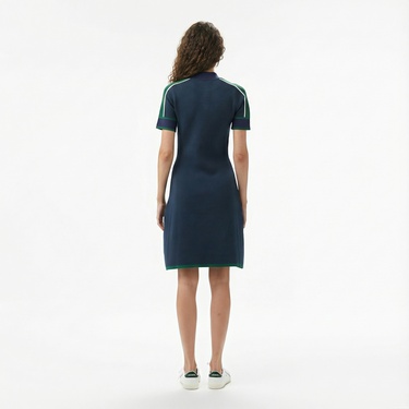  Lacoste Kadın Classic Fit Kısa Kollu Yarım Fermuarlı Renk Bloklu Lacivert Elbise
