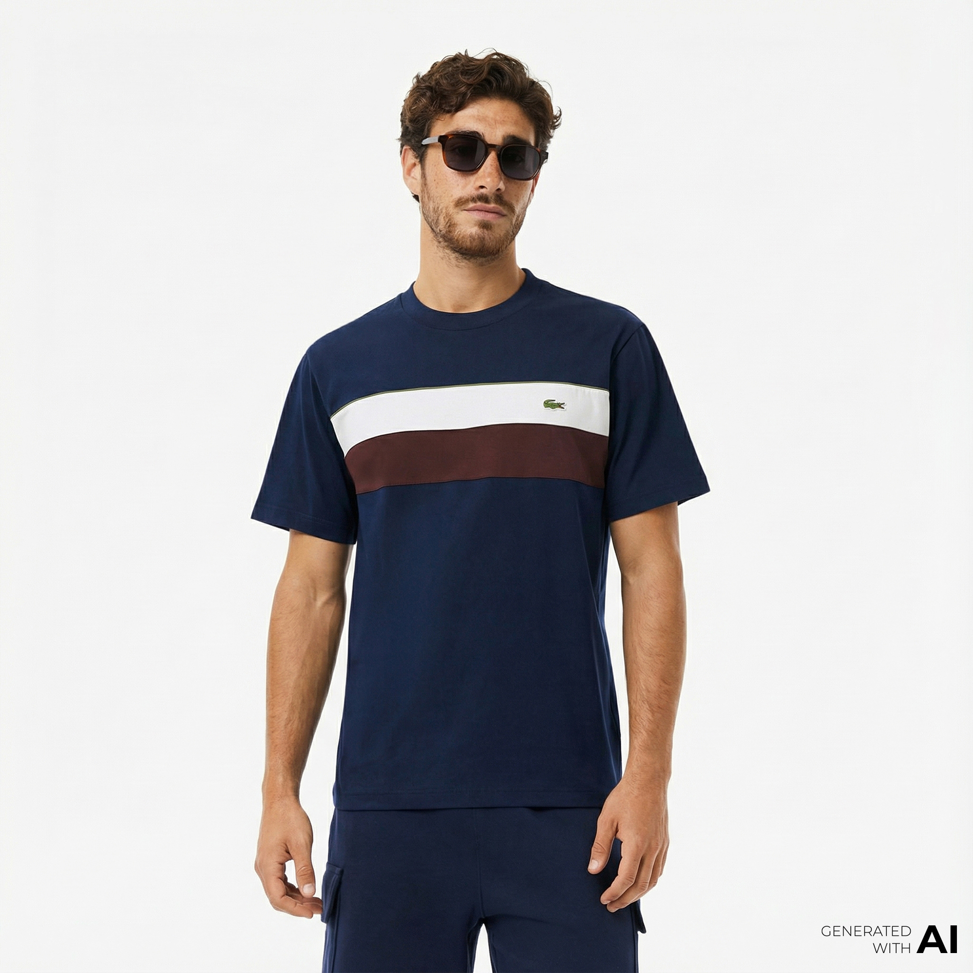  Lacoste Erkek Classic Fit Bisiklet Yaka Renk Bloklu Lacivert T-Shirt