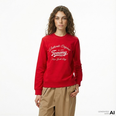  Tommy Jeans Regular Essential Logo Kadın Kırmızı Sweatshirt