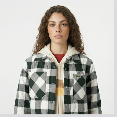  Lacoste Kadın Ekose Koyu Yeşil Gömlek