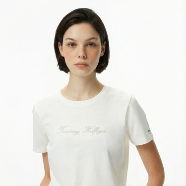  Tommy Hilfiger Lurex Script Regular Kadın Beyaz T-Shirt