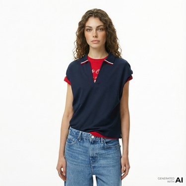  Tommy Hilfiger Lyocell Tipping Open Kadın Lacivert Polo Yaka T-Shirt