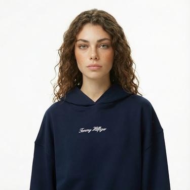  Tommy Hilfiger Classic Script Terry Kadın Lacivert Hoodie