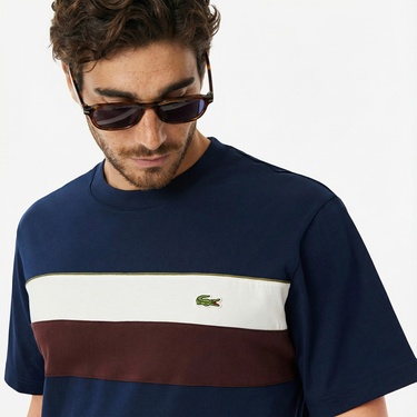  Lacoste Erkek Classic Fit Bisiklet Yaka Renk Bloklu Lacivert T-Shirt