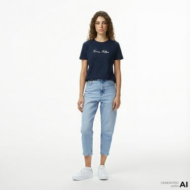  Tommy Hilfiger Mom Kadın Tapered Mavi Jean Pantolon