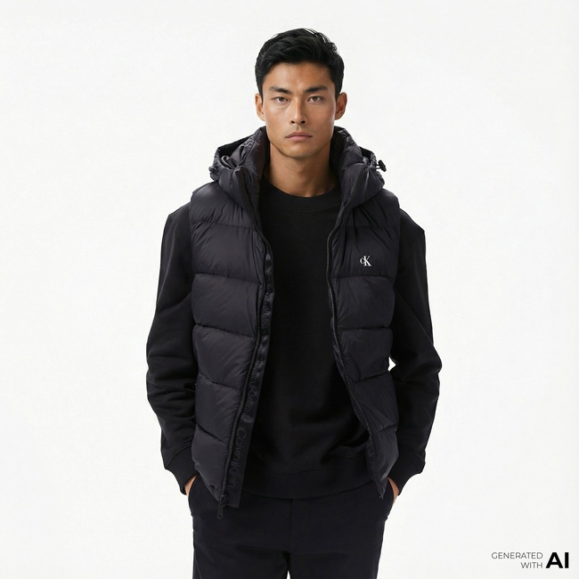  Calvin Klein Nylon Zip Off Hood Down Puf Erkek Siyah Yelek