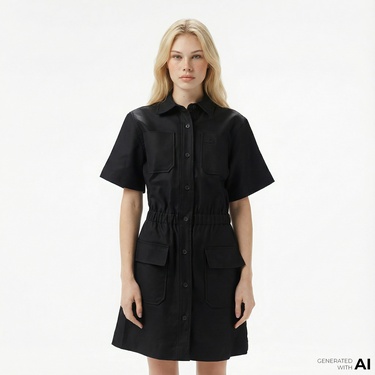  Lacoste Kadın Classic Fit Kısa Kollu Siyah Elbise